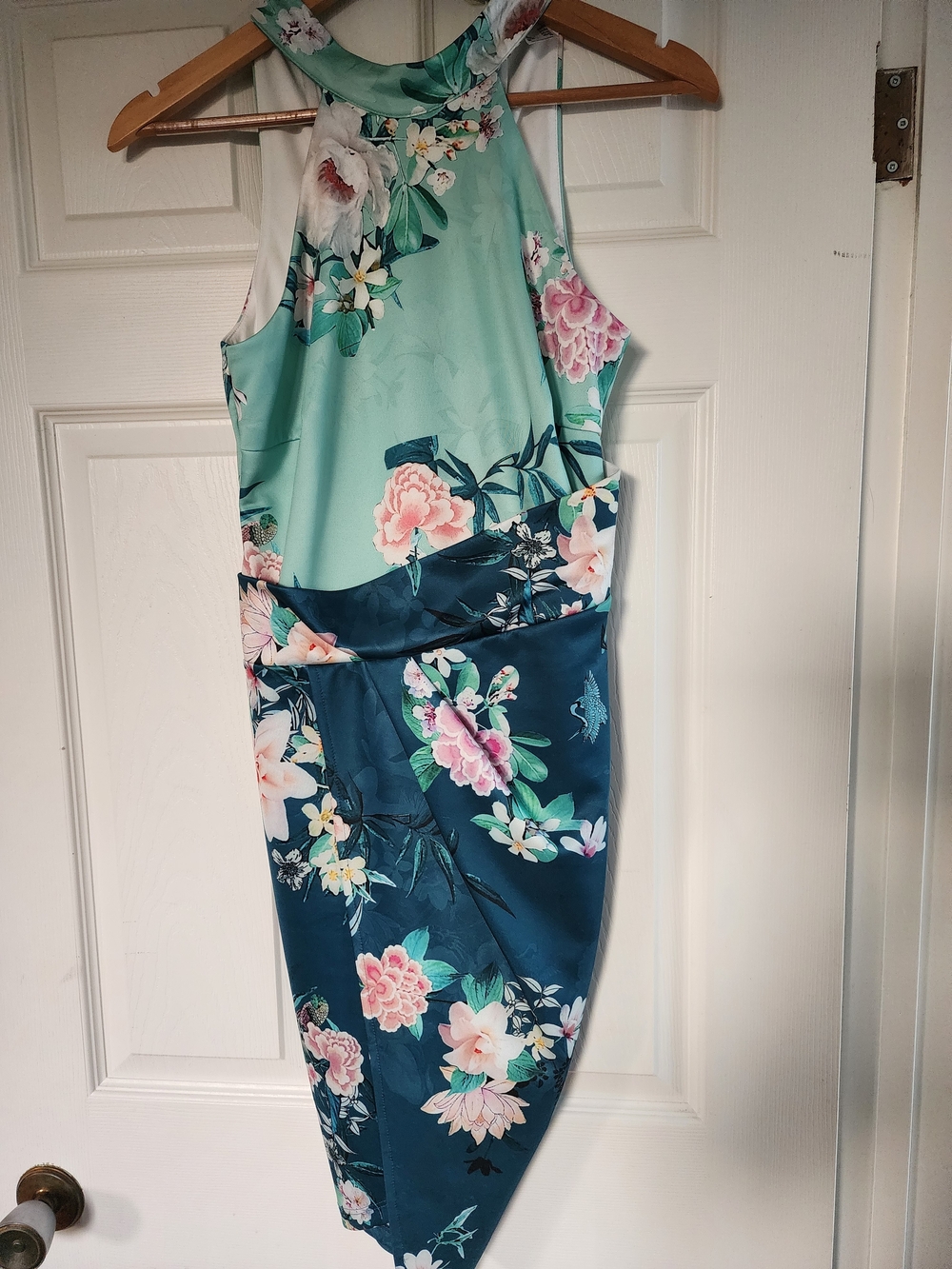 VENUS One-Shoulder Floral Sheath Dress in Mint and Navy